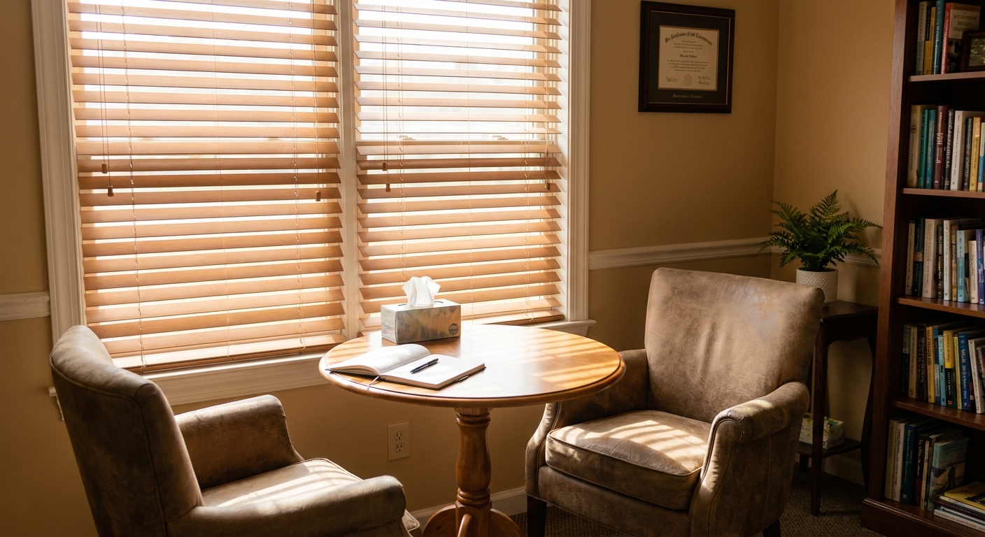 Empty therapy room with two chairs facing each other at a small table, warm afternoon light filtering through blinds, notebook and pen on table
