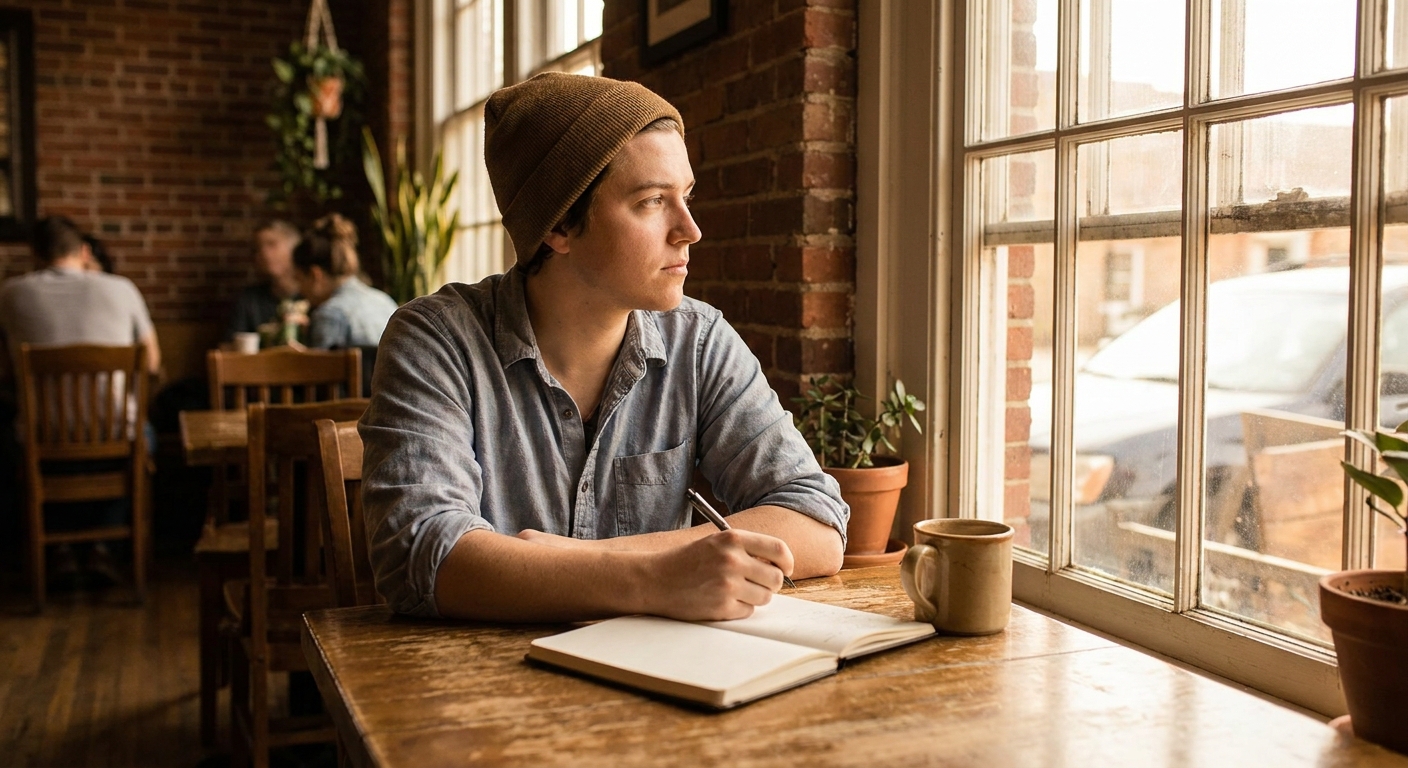 Person sitting alone at a cafe table by a window, thoughtfully writing in a notebook, practicing making decisions independently in a warm, supportive environment