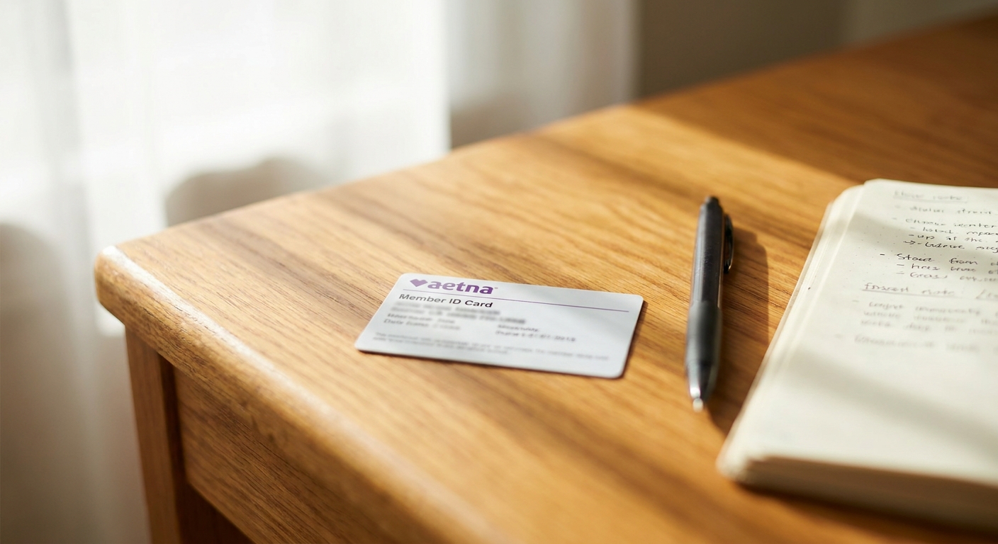 Aetna insurance card on desk with pen and notebook in natural light