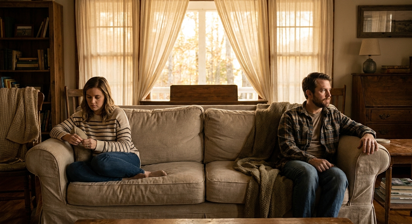 Couple sitting apart on couch in living room with emotional distance visible between them, representing relationship strain