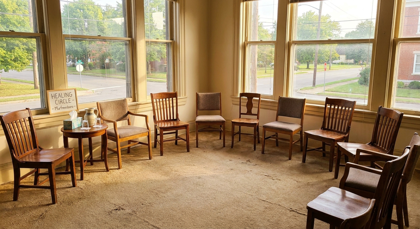 Empty therapy chairs arranged in a circle in a sunlit treatment room, representing the supportive group environment at T.R.U.E. Addiction & BH in Murfreesboro