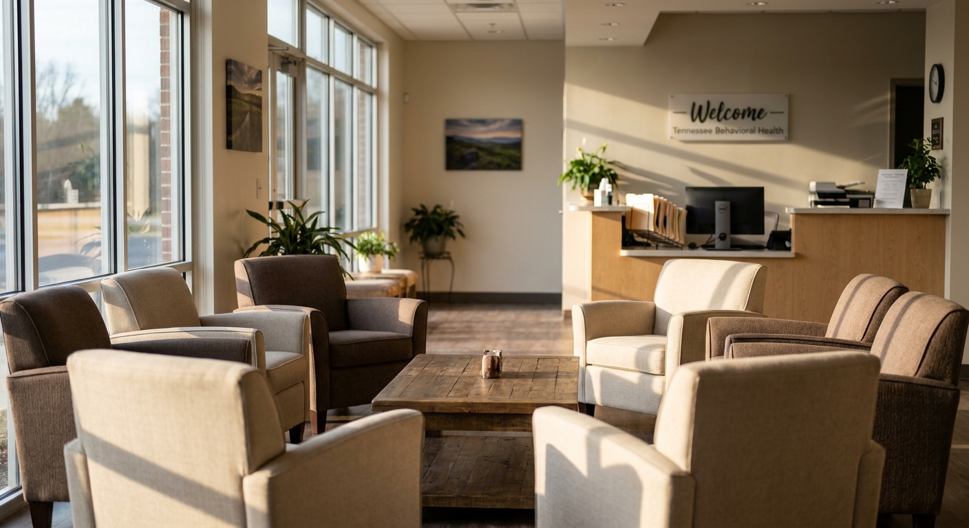Welcoming intake area at behavioral health treatment center in Tennessee with warm natural lighting and comfortable seating
