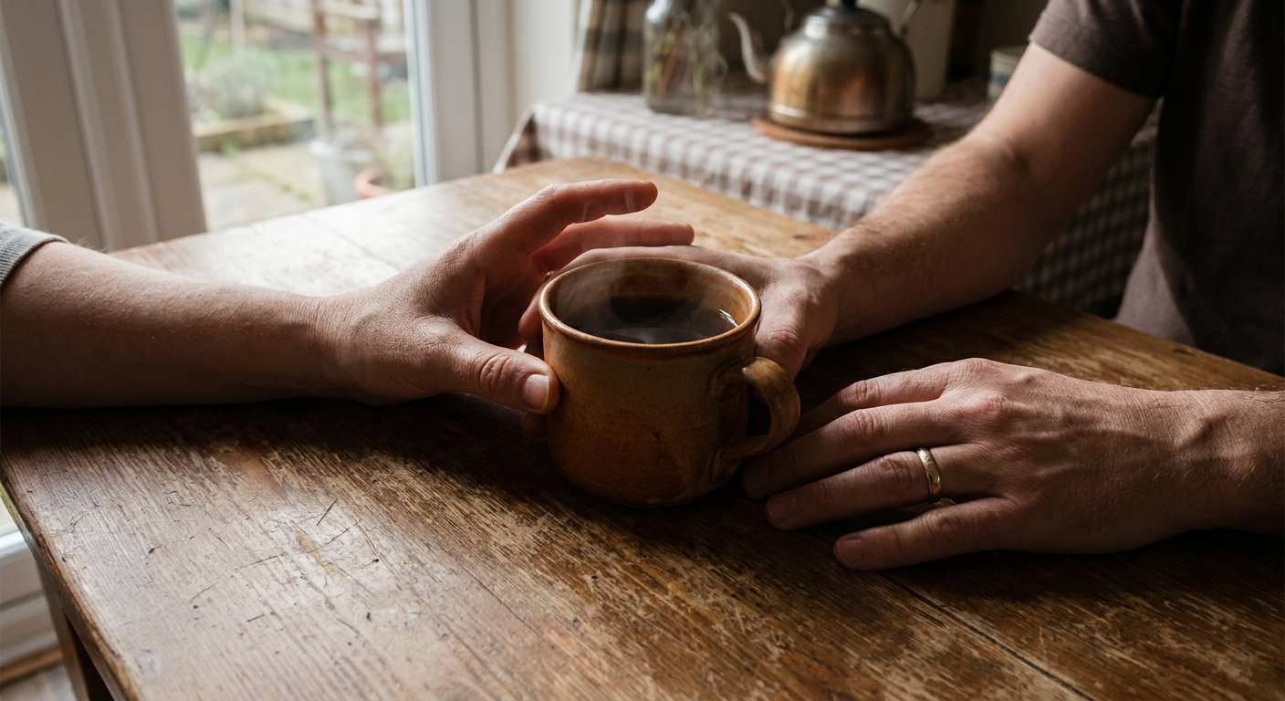 Two hands holding a warm mug at a kitchen table in soft natural light, conveying a quiet moment of support and connection during a difficult conversation