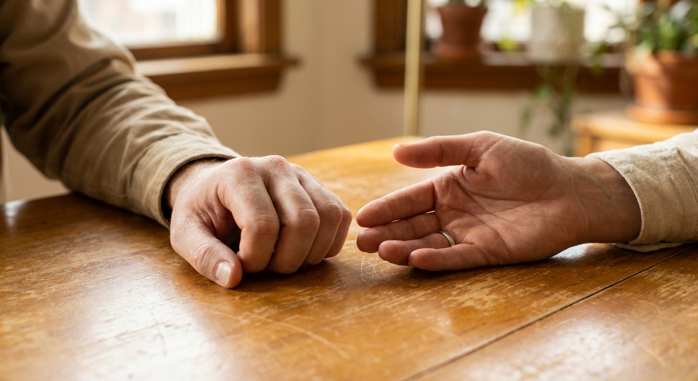 Two hands resting near each other on a wooden table, one tense and one open, representing the complexity of maintaining connection in a relationship affected by borderline personality disorder