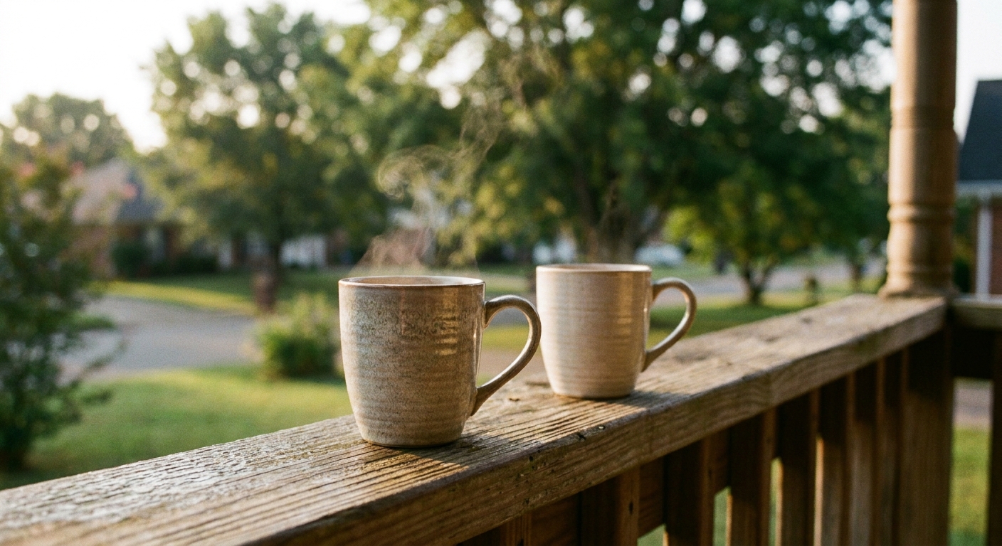 Two coffee mugs sitting apart on a wooden porch railing in warm morning light, representing the closeness and distance in relationships affected by BPD