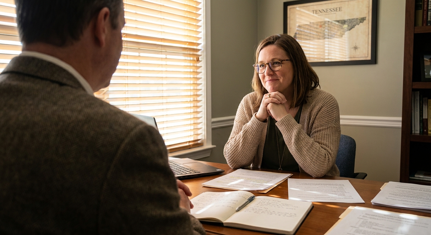 Family member meeting with intake coordinator at Tennessee addiction treatment center, discussing treatment options across a desk with natural window light