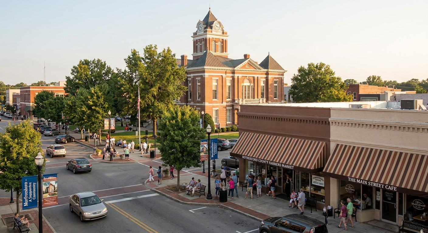 Downtown Murfreesboro, Tennessee showing the courthouse square and tree-lined streets with local businesses, representing the accessible community where T.R.U.E. Addiction & BH provides behavioral health services