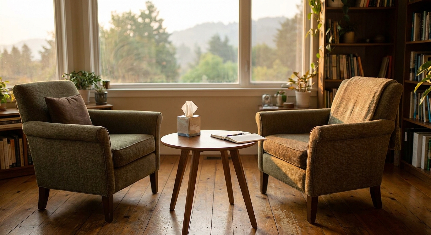 Two comfortable chairs positioned for conversation in a warm, naturally-lit therapy office in Tennessee, with morning light streaming through windows and soft earth tones throughout the room