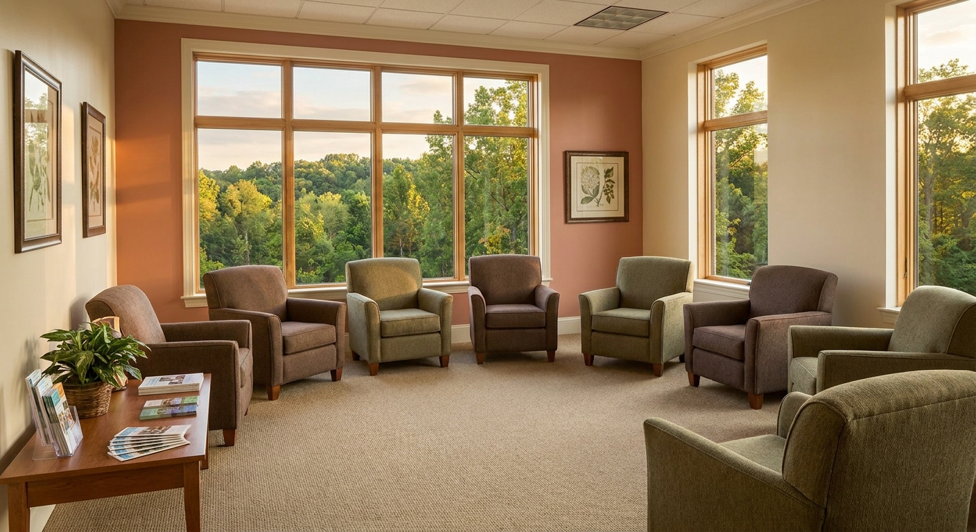 Empty therapy group room with chairs in a circle and natural light from windows at a Murfreesboro behavioral health treatment center