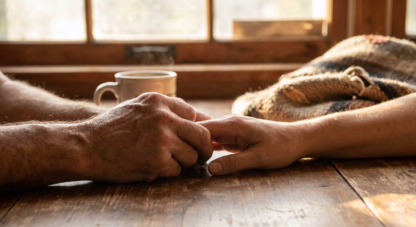 Two hands holding each other across a table in natural light, representing family support and connection during borderline personality disorder challenges